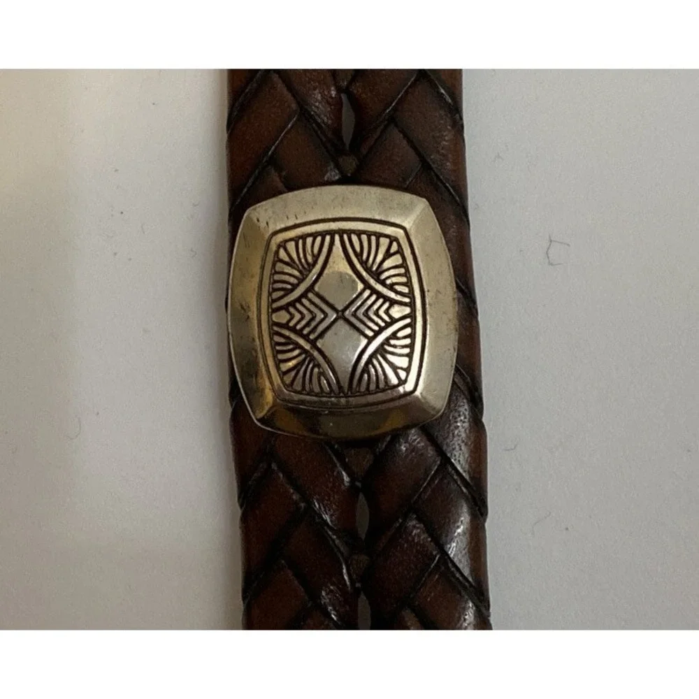 Brighton Brown Braided Leather Belt Q2108 with Silver Buckle and Details Size L